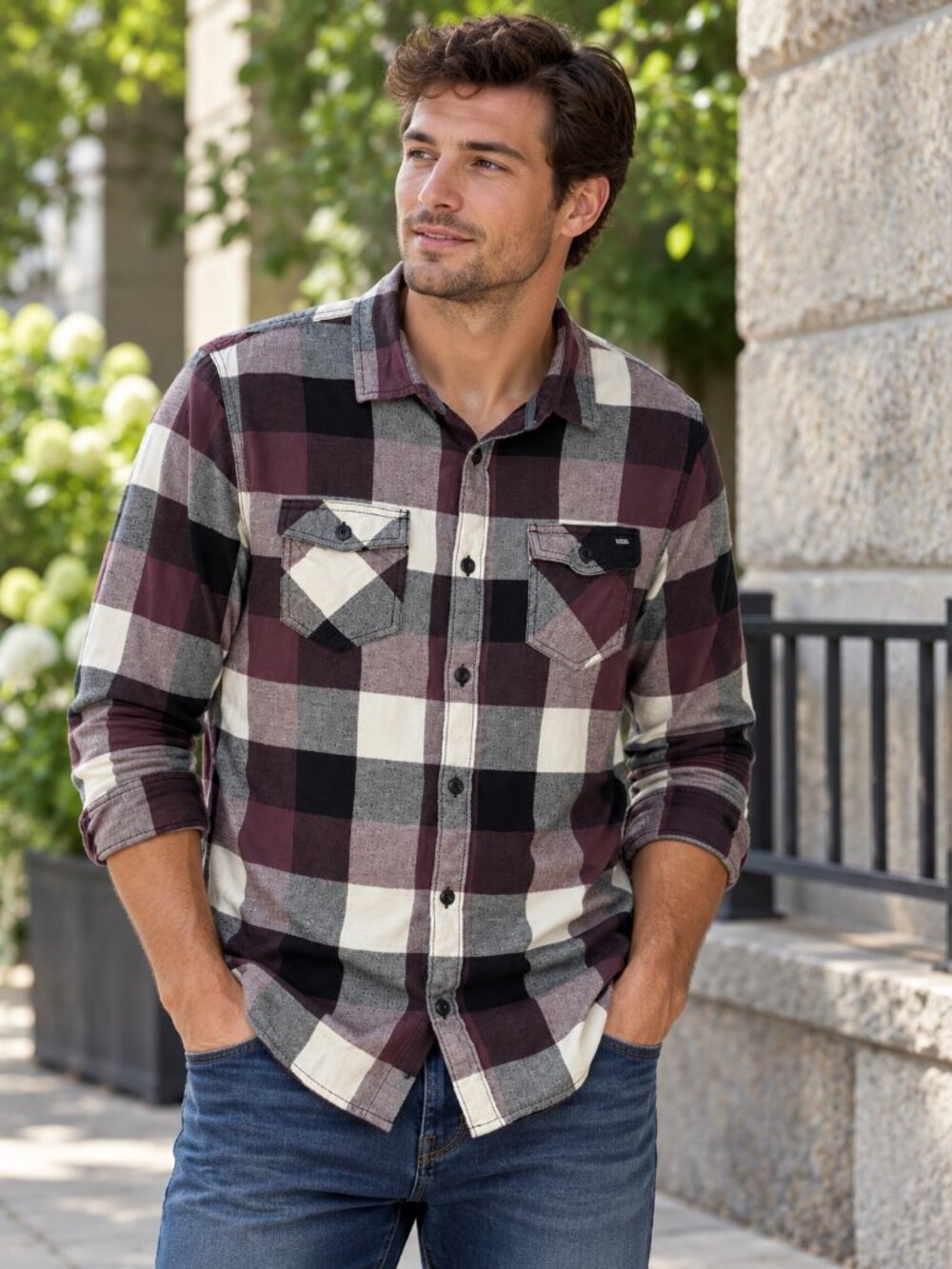 Vans Men’s Plaid Flannel Shirt Burgundy Gray Black 100% Cotton Size L